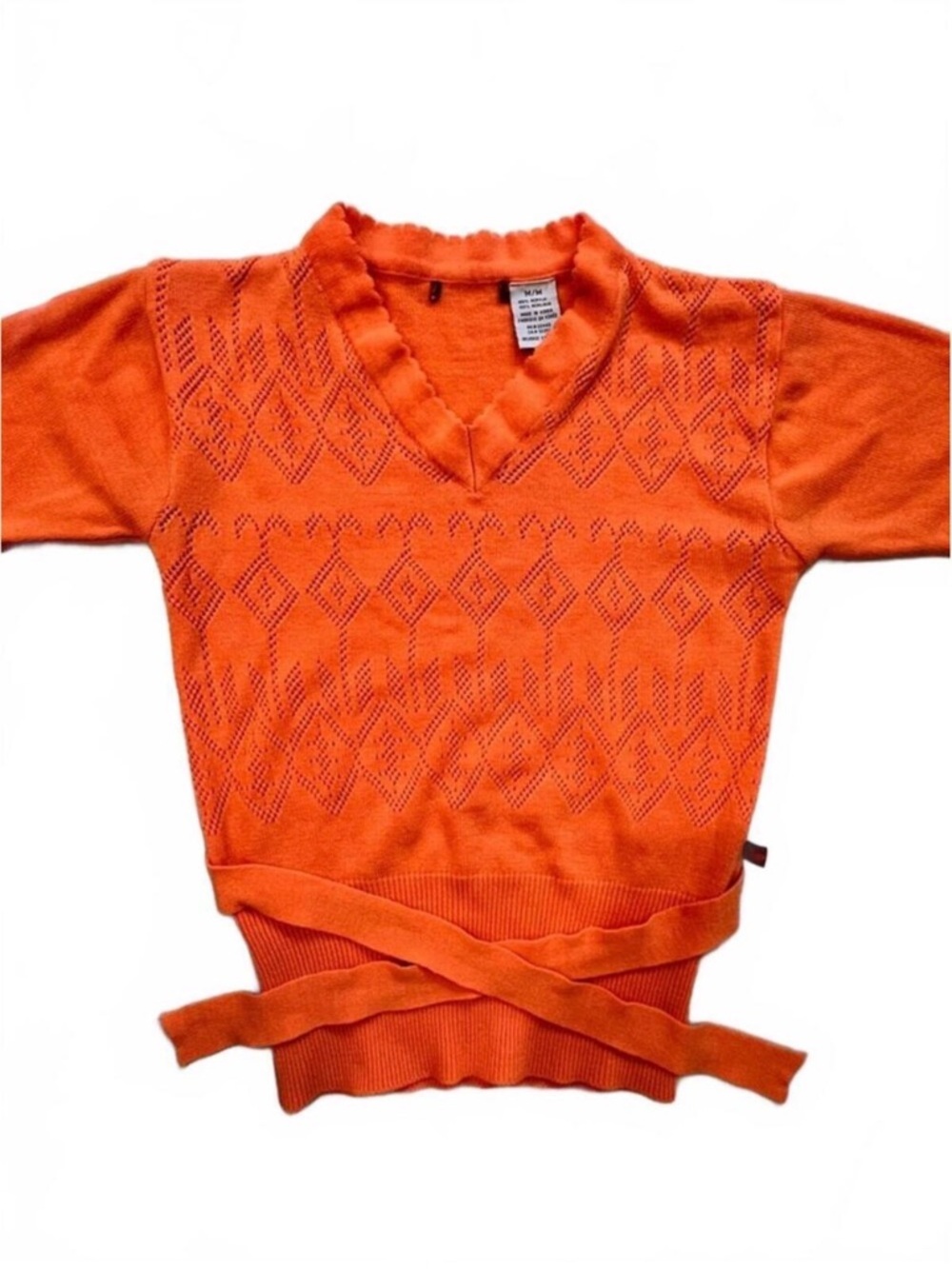 Roxy Y2K Knit Crochet Top with Waist Tie Orange Boho Beach‎ SZ S